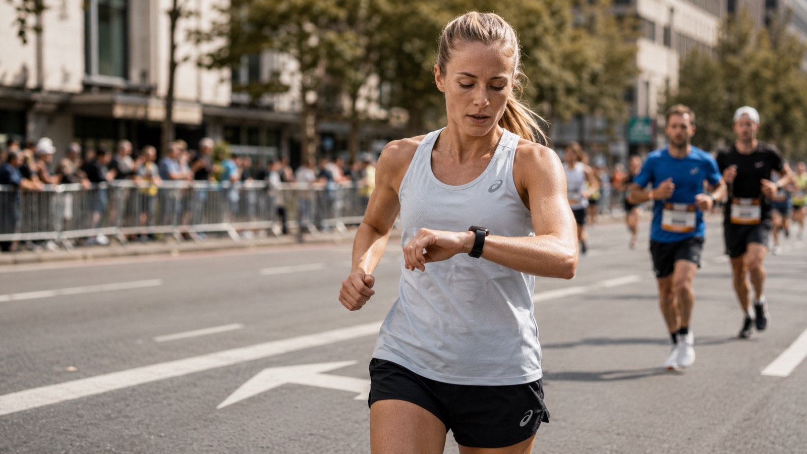 Runner focused during a marathon, managing pace and strategy on race day