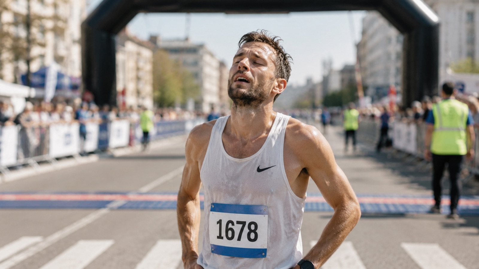 runner crossing marathon finish line with mixed emotions of relief and fatigue