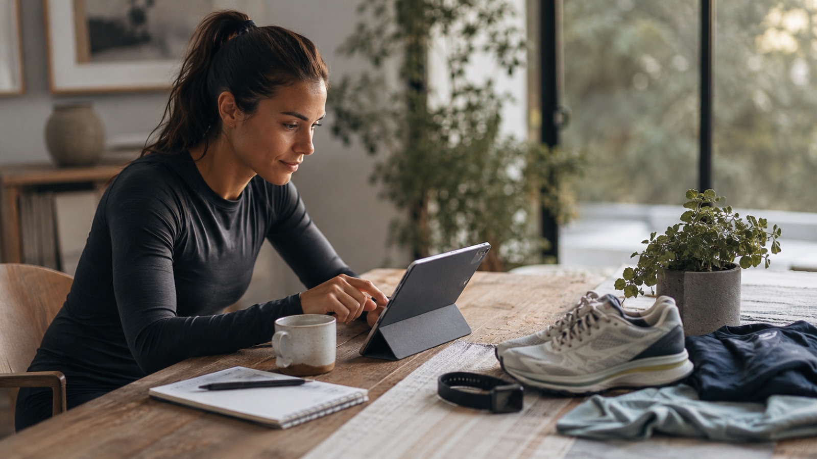Runner organizing marathon training and race details on a digital device in a calm setting