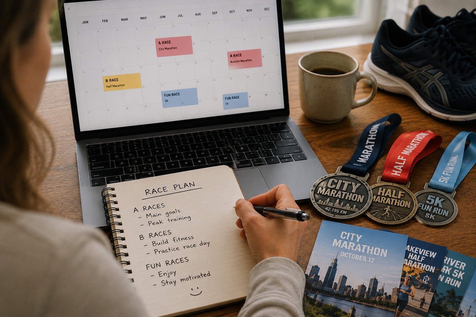 Runner planning a race season with A-race, B-races and fun races organized by priority