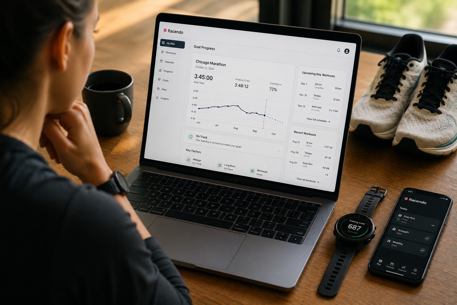 Runner reviewing marathon training progress and race goal before race day