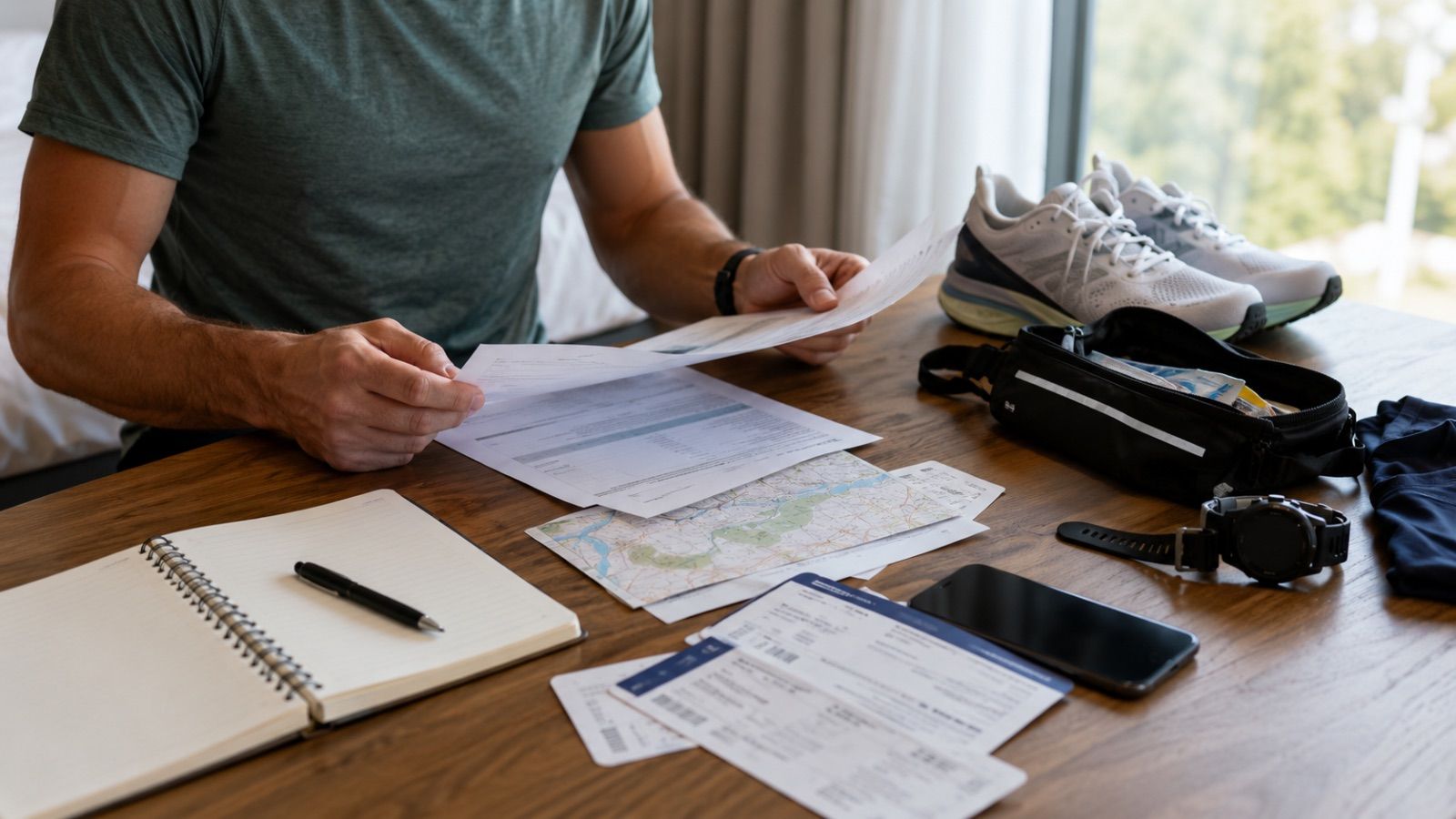 Organized race documents including confirmations, tickets, and maps laid out on a table for marathon preparation