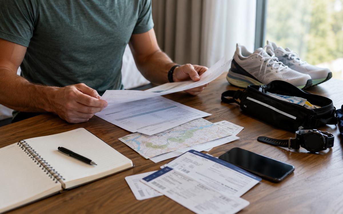 Organized race documents including confirmations, tickets, and maps laid out on a table for marathon preparation
