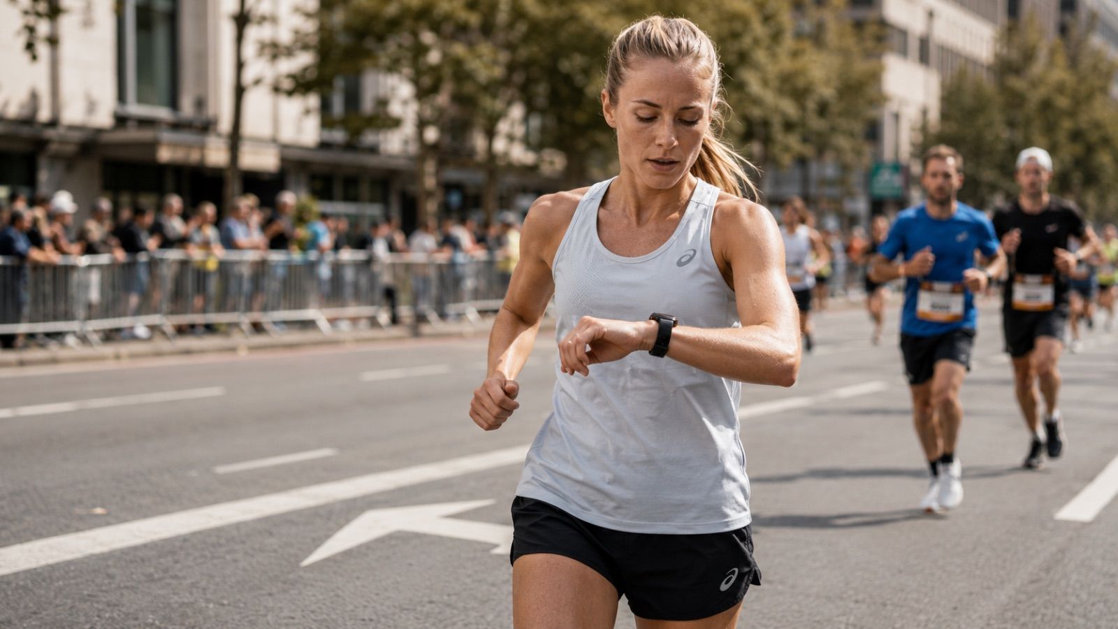 Runner focused during a marathon, managing pace and strategy on race day