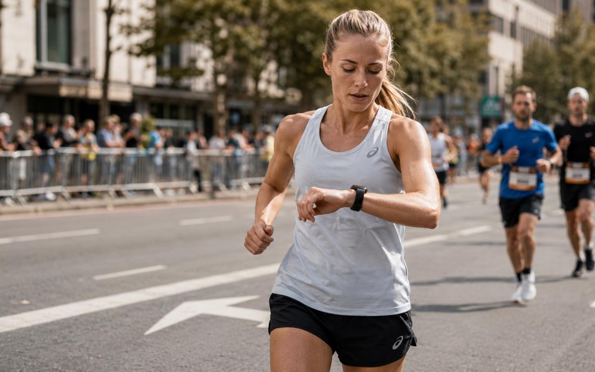 Runner focused during a marathon, managing pace and strategy on race day