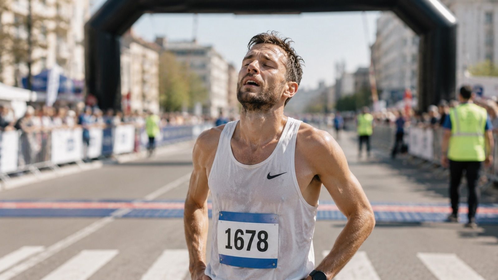 runner crossing marathon finish line with mixed emotions of relief and fatigue