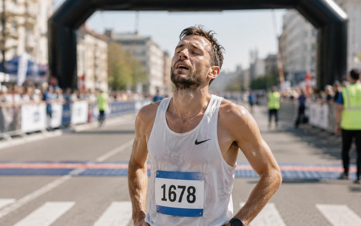 runner crossing marathon finish line with mixed emotions of relief and fatigue