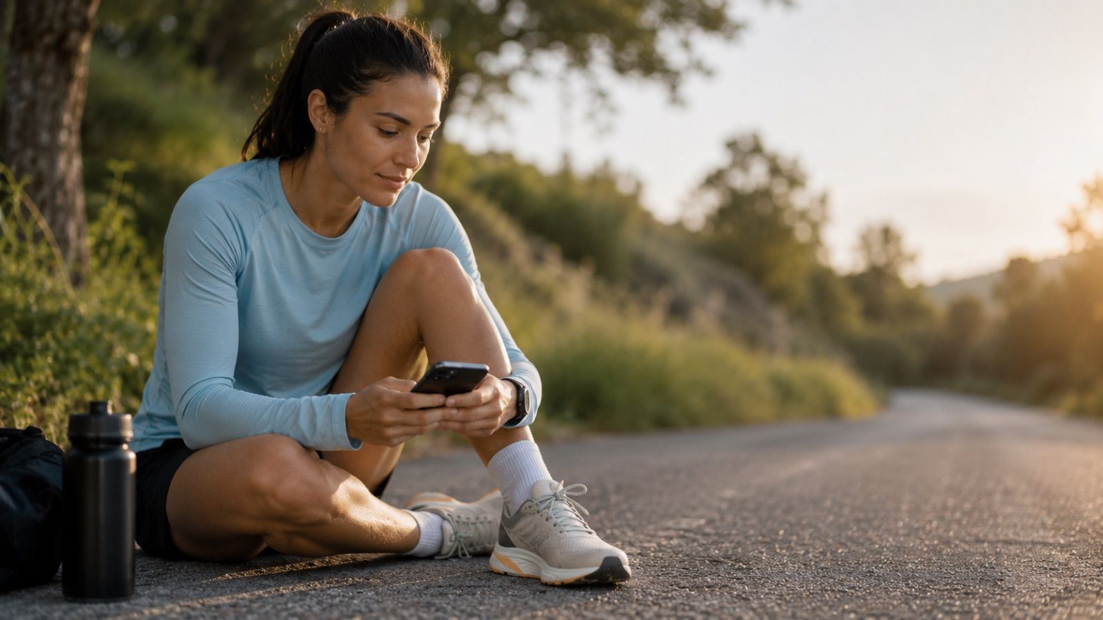 runner stretching outdoors after a marathon with a calm background showing a race calendar on a phone screen