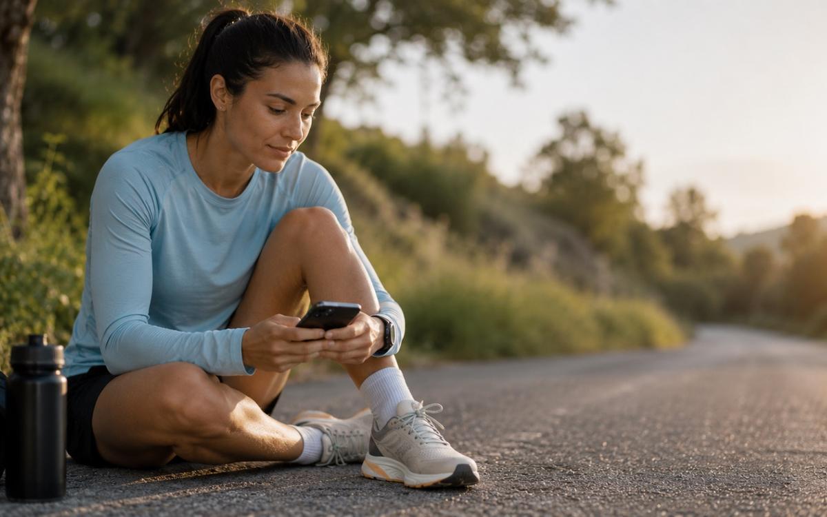runner stretching outdoors after a marathon with a calm background showing a race calendar on a phone screen