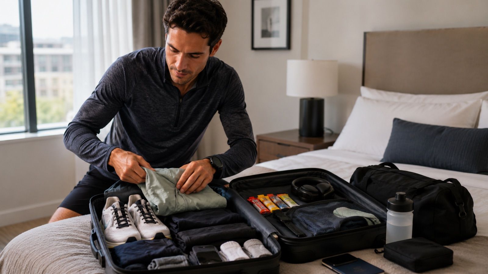 Runner packing race gear and travel essentials for a calm marathon weekend trip