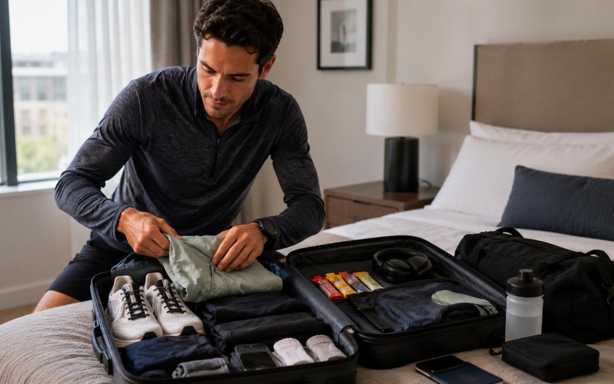 Runner packing race gear and travel essentials for a calm marathon weekend trip