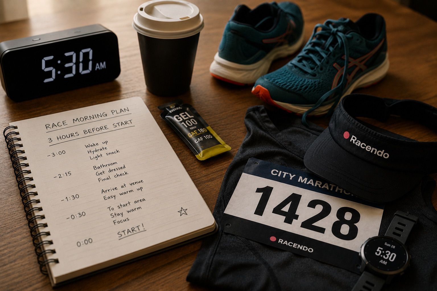 Runner preparing calmly on race morning with kit, breakfast, travel and start-line plan organized