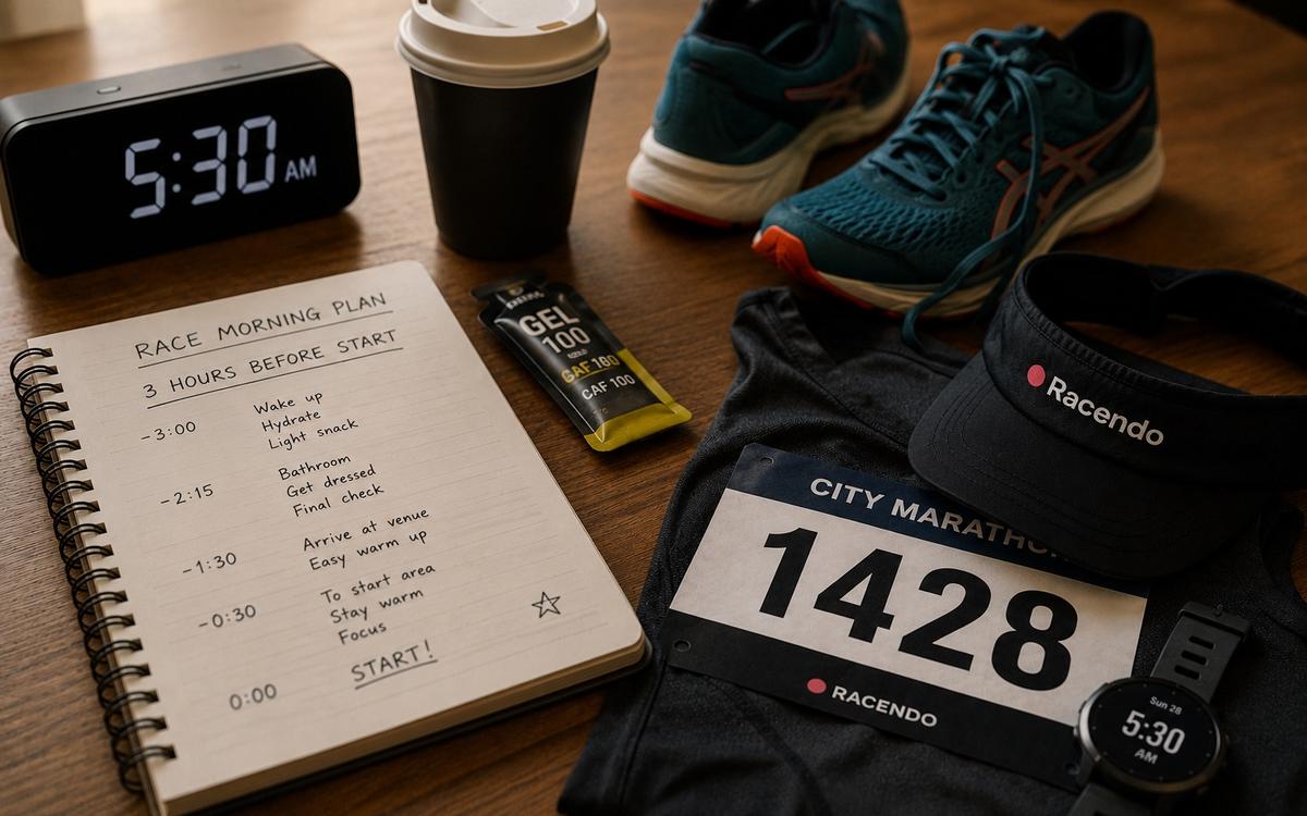 Runner preparing calmly on race morning with kit, breakfast, travel and start-line plan organized