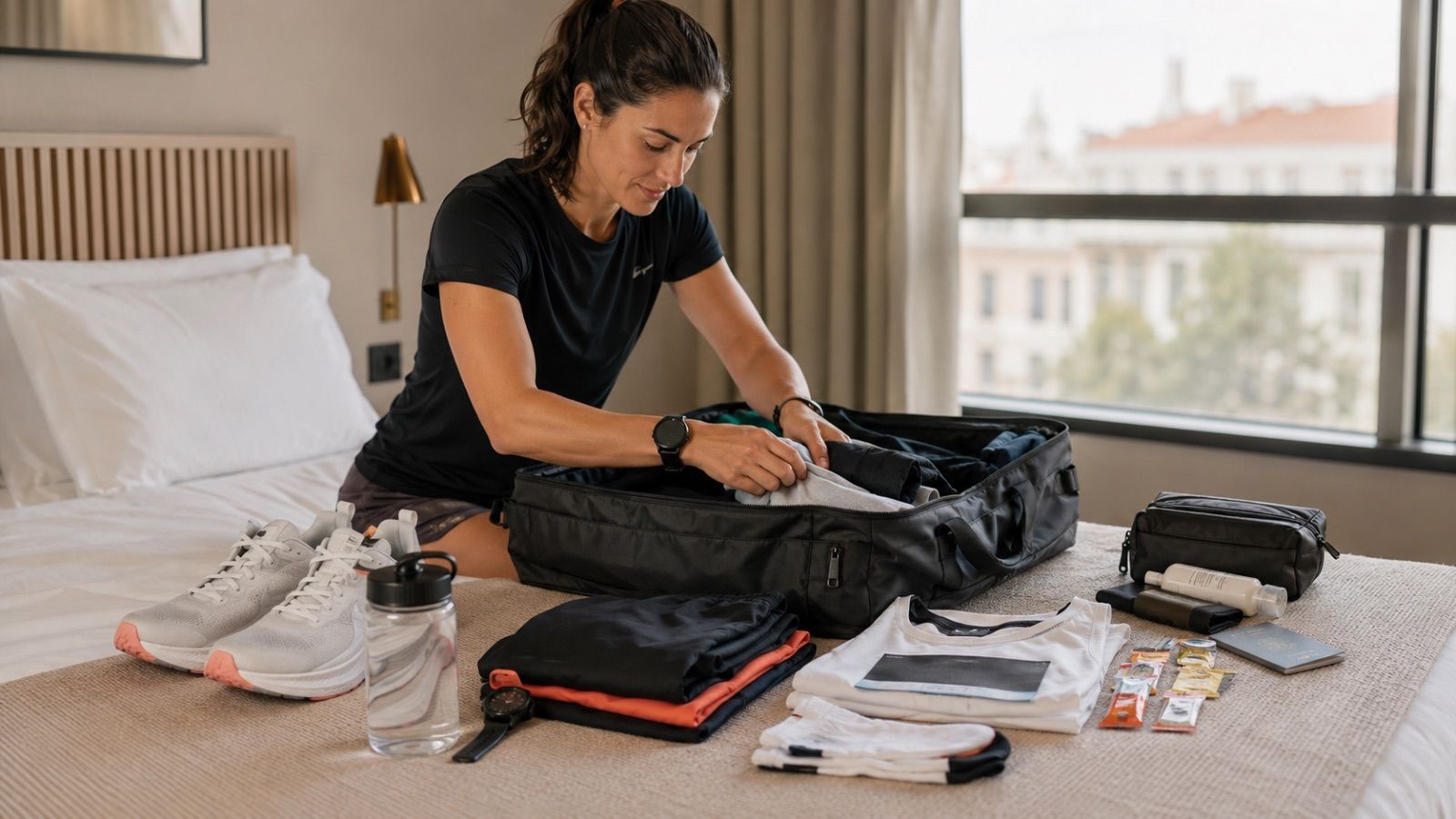 Runner packing marathon race kit, shoes, fueling, documents and recovery clothes before race weekend
