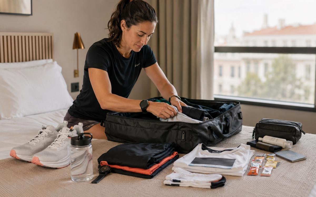 Runner packing marathon race kit, shoes, fueling, documents and recovery clothes before race weekend