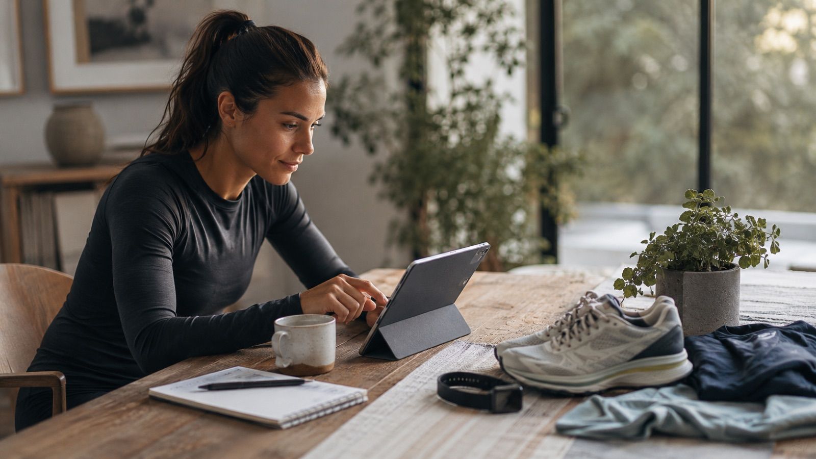 Runner organizing marathon training and race details on a digital device in a calm setting