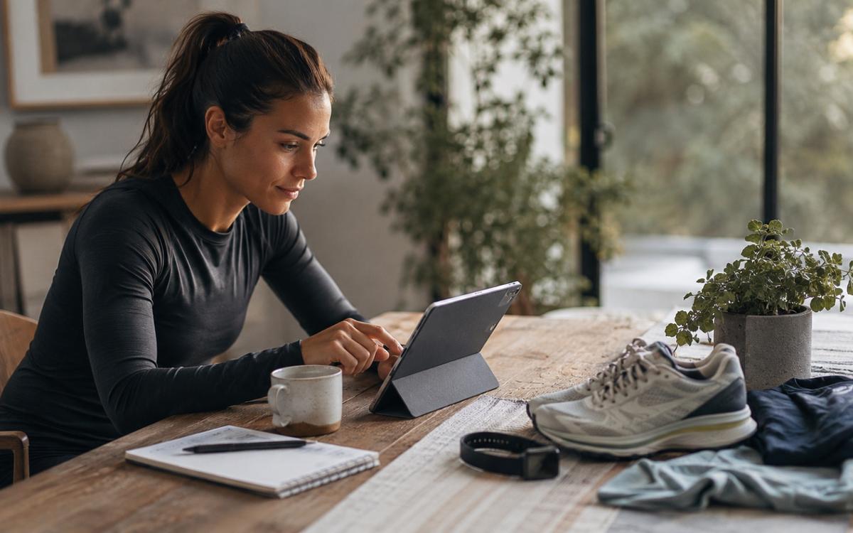 Runner organizing marathon training and race details on a digital device in a calm setting