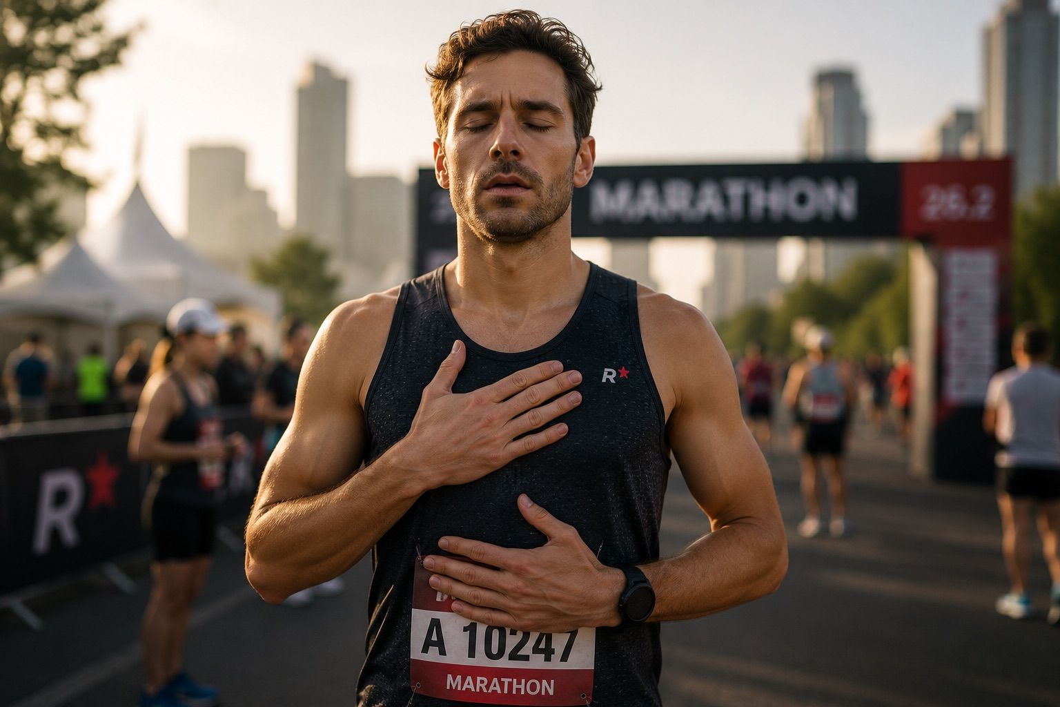 runner practicing calming breathing exercises before a race