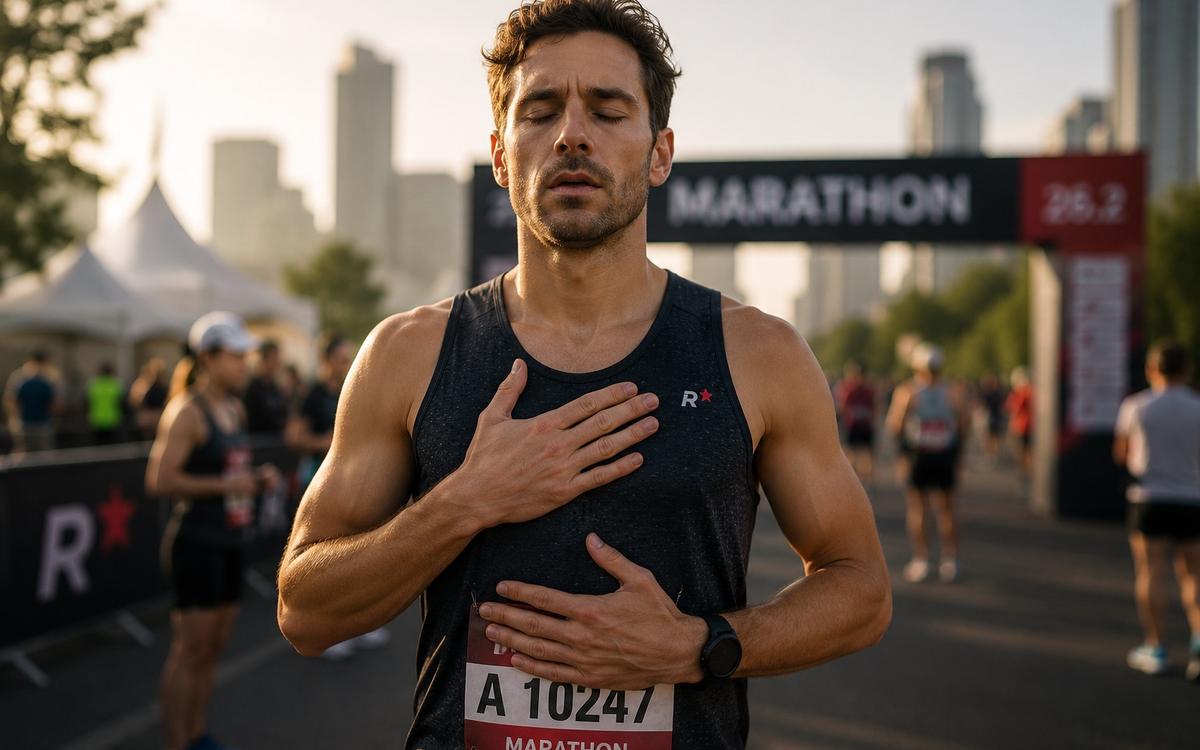 runner practicing calming breathing exercises before a race