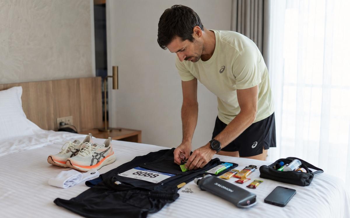 Runner preparing gear and nutrition for race day in a calm setting