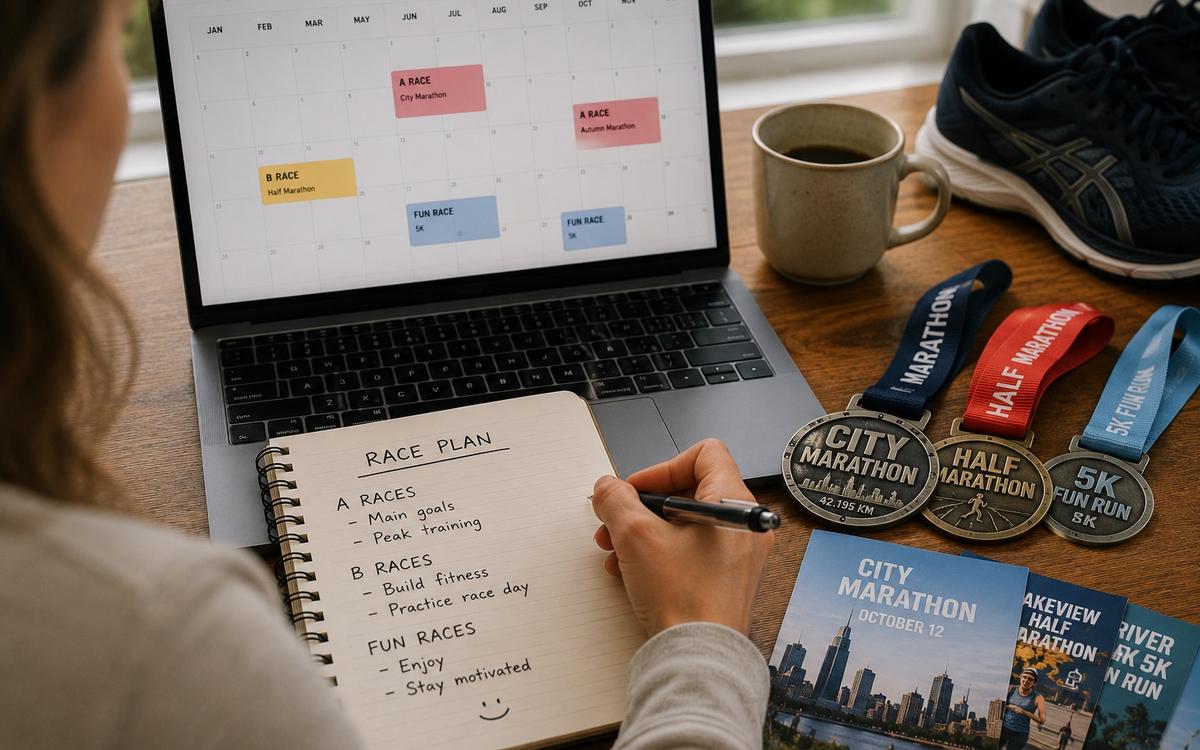 Runner planning a race season with A-race, B-races and fun races organized by priority