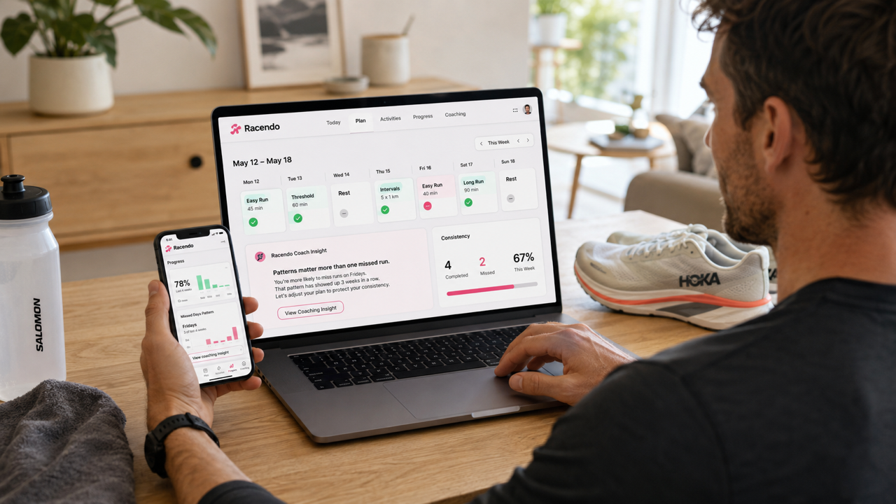 Runner reviewing a training calendar with completed and missed runs before an upcoming race