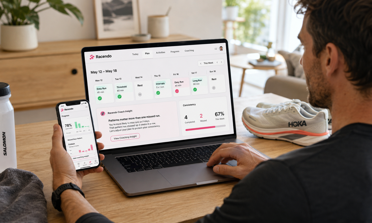 Runner reviewing a training calendar with completed and missed runs before an upcoming race